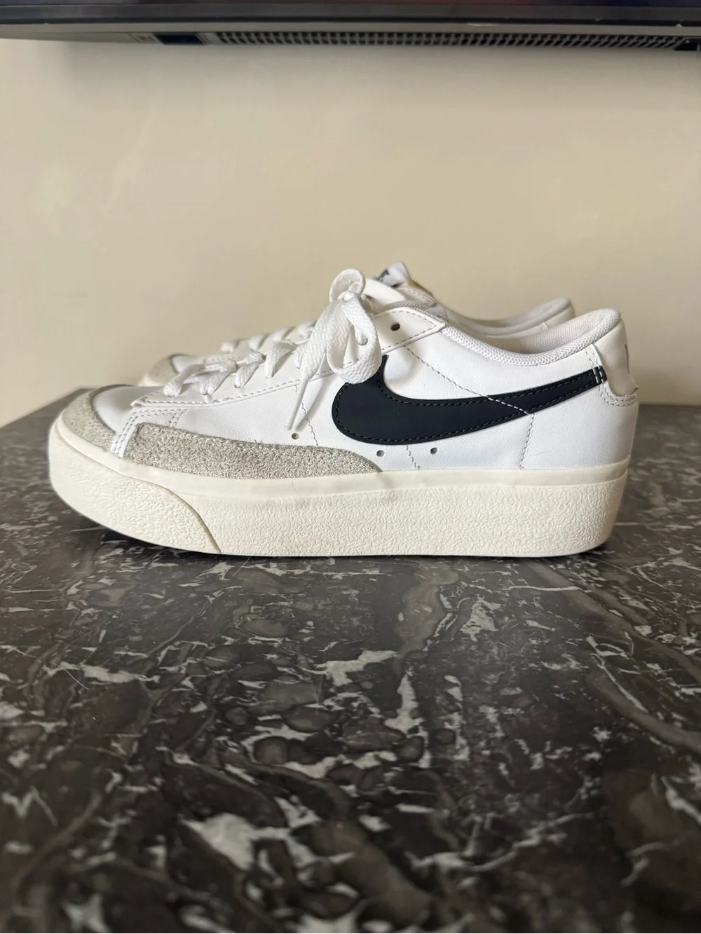 Nike White Leather Platform Sneakers with Black Swoosh